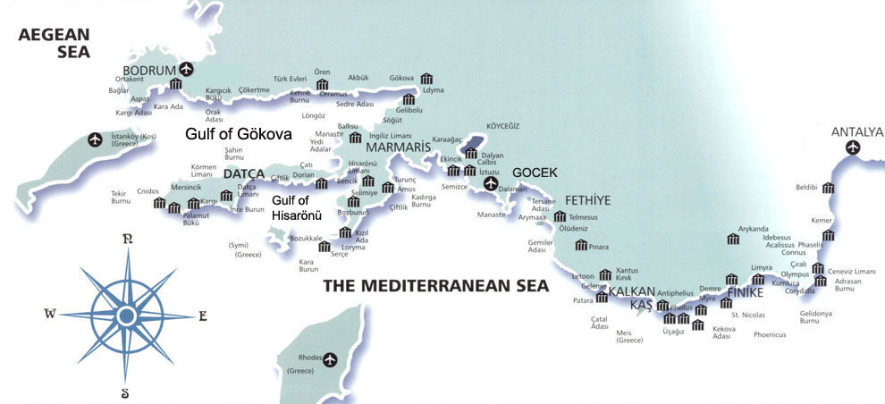 Map of Gulet charter itineraries in Turkey